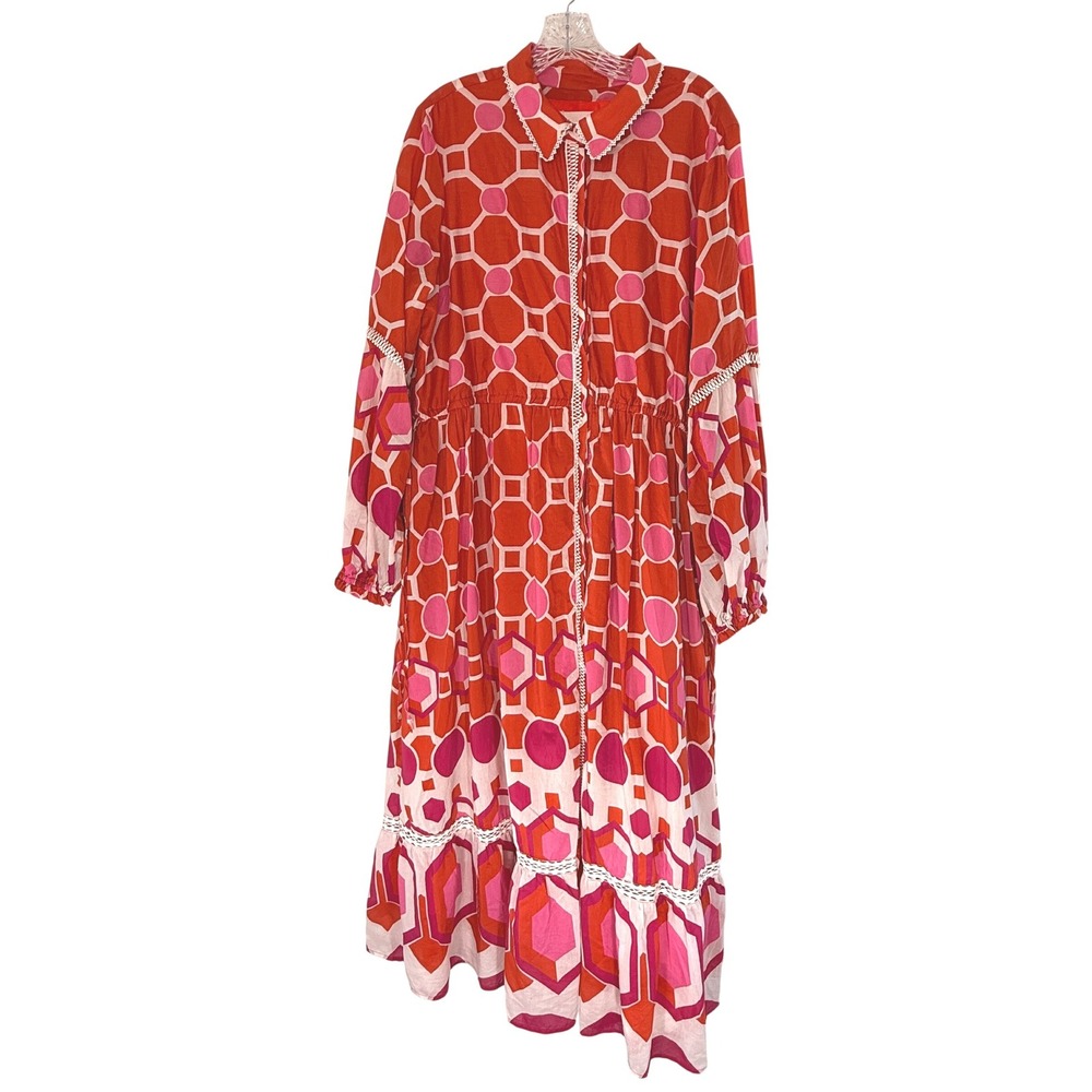 Anthropologie Eleanora Long Sleeve Maxi Shirtdress Pink Orange Geometric XL